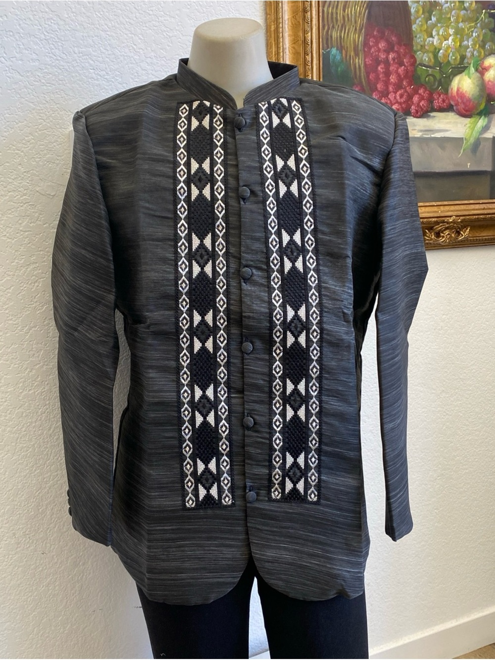 Men's Black Embroidered Mandarin Coat Prince Barong Tagalog